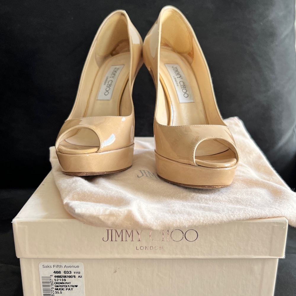 Jimmy Choo nude heels. Size 35 1/2. Peep-toe platform patent leather heels.